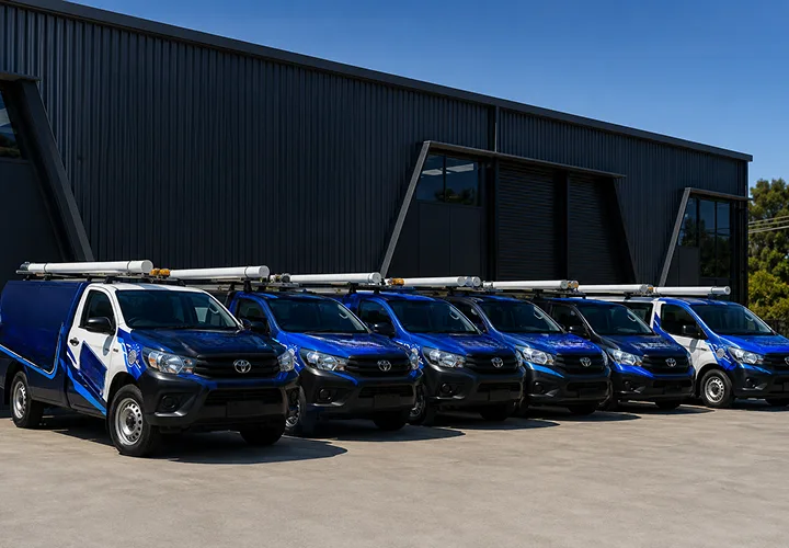 Our plumbing vans lined up before a Chifley shift