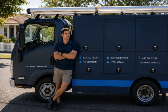 Plumber standing beside a service van in Chifley