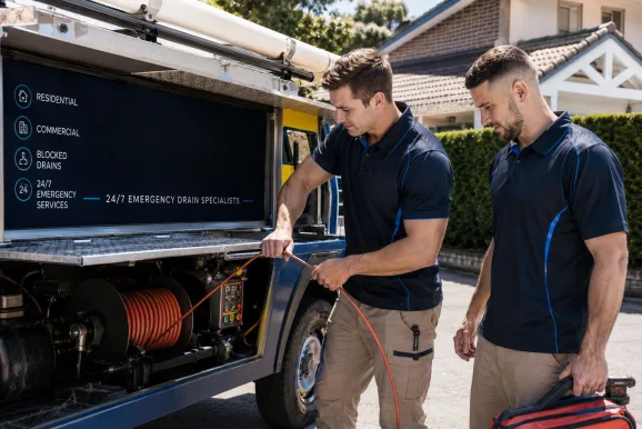 Two plumbers working on a blocked drain in Chifley