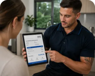 Plumber showing a Chifley customer the quote on a tablet