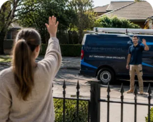 Customer waving goodbye to a plumber in Chifley
